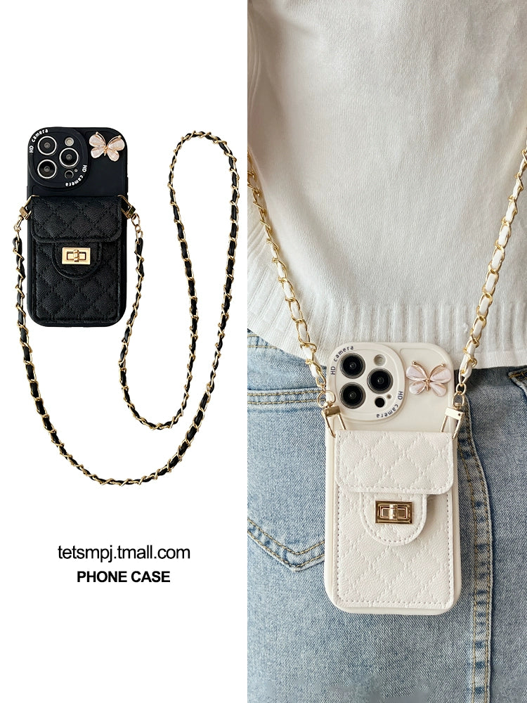 Diamond Chanel's Style Butterfly Card Holder for Iphone14promax Apple 15 Phone Case 13 over-the-Shoulder 12 Cross-Body Lanyard Simple and Light Luxury Women's 14pm Niche Style Fancy 15promax