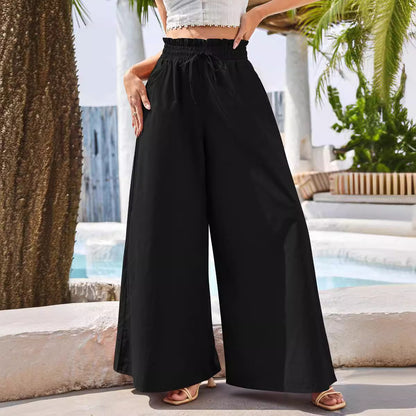 Pantalones anchos de lino y algodón con cintura alta y estilo bohemio para mujer de verano