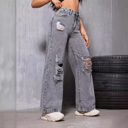 Pantalones de pierna recta para mujer Denim con agujero lavado desgastado calle adelgazamiento Casual años primavera verano