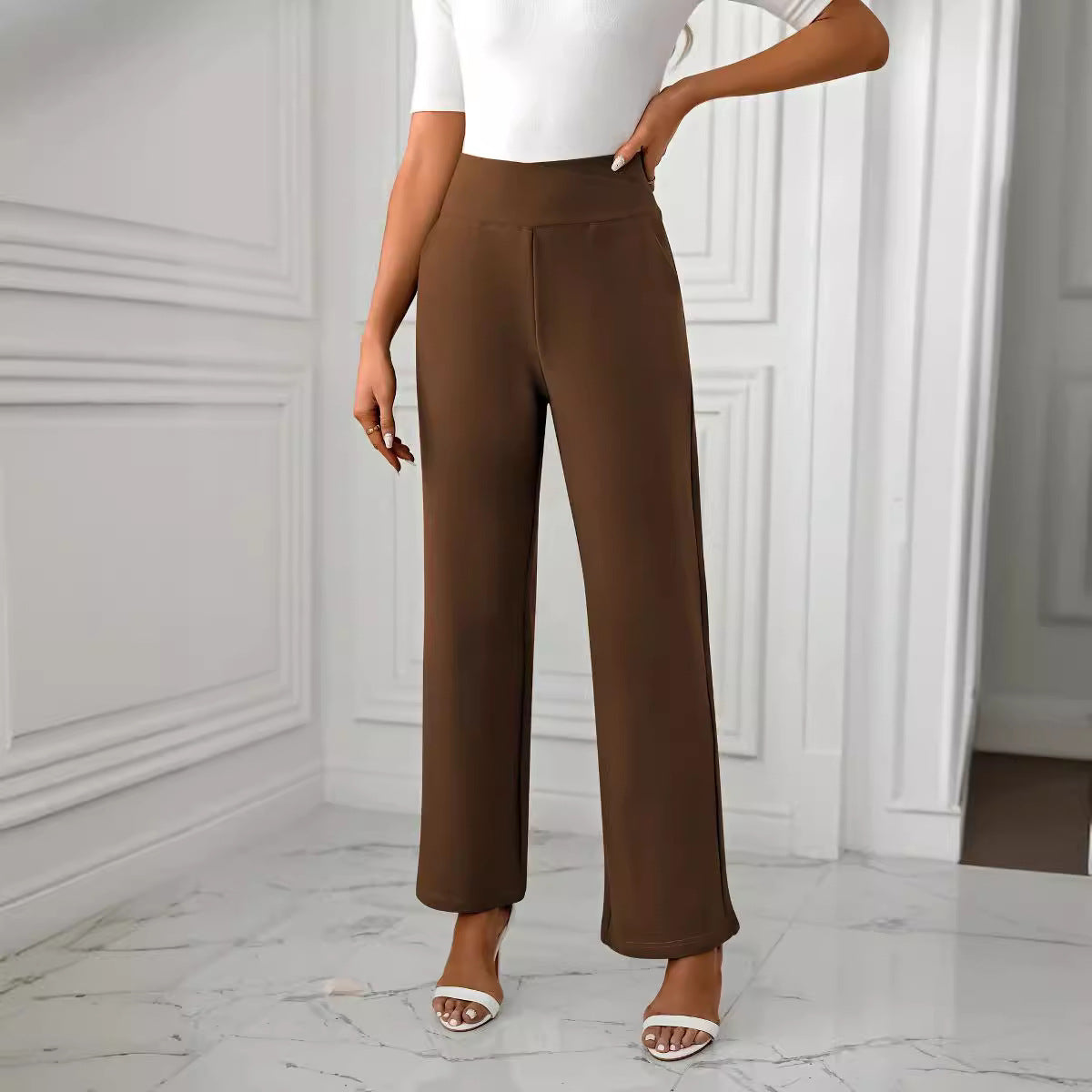 Pantalon décontracté taille haute pour femme, coupe croisée, micro-élastique, micro-traction