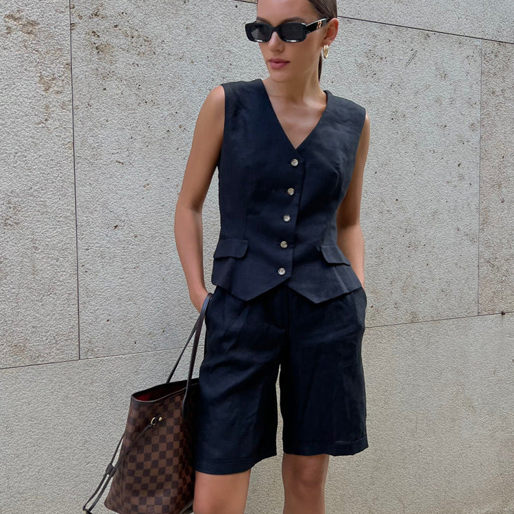 Cotton Linen Suit Vest Suit Women Clothing Summer Casual Sleeveless Tank Top Shorts Two Piece Suit