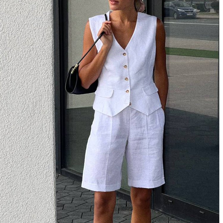 Cotton Linen Suit Vest Suit Women Clothing Summer Casual Sleeveless Tank Top Shorts Two Piece Suit