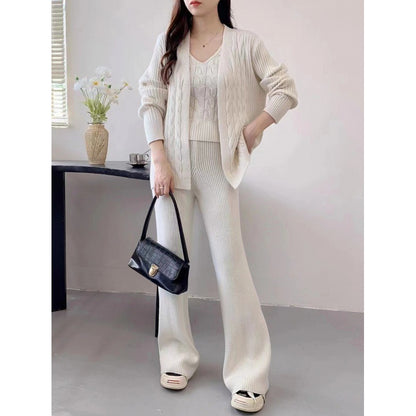 Autumn Winter Idle Knitting Suit Women Loose Cardigan Sling Bottoming Shirt Lengthened Wide Leg Pants Three Piece Set