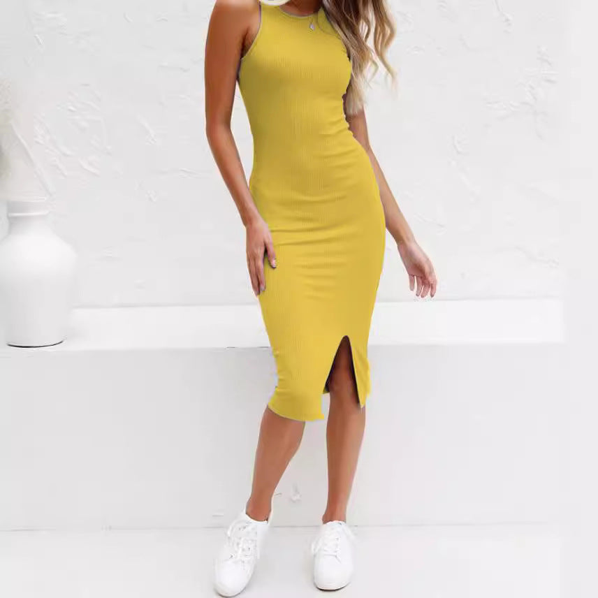 Women's Solid Color Vest Slim Long Knitted Slit Dress