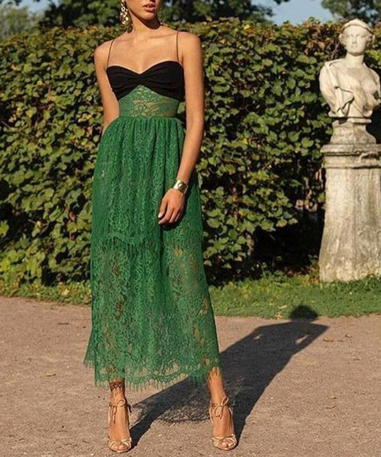 Robe longue en dentelle verte pour femmes, vêtements Sexy, bretelles, ajouré, découpe, vacances