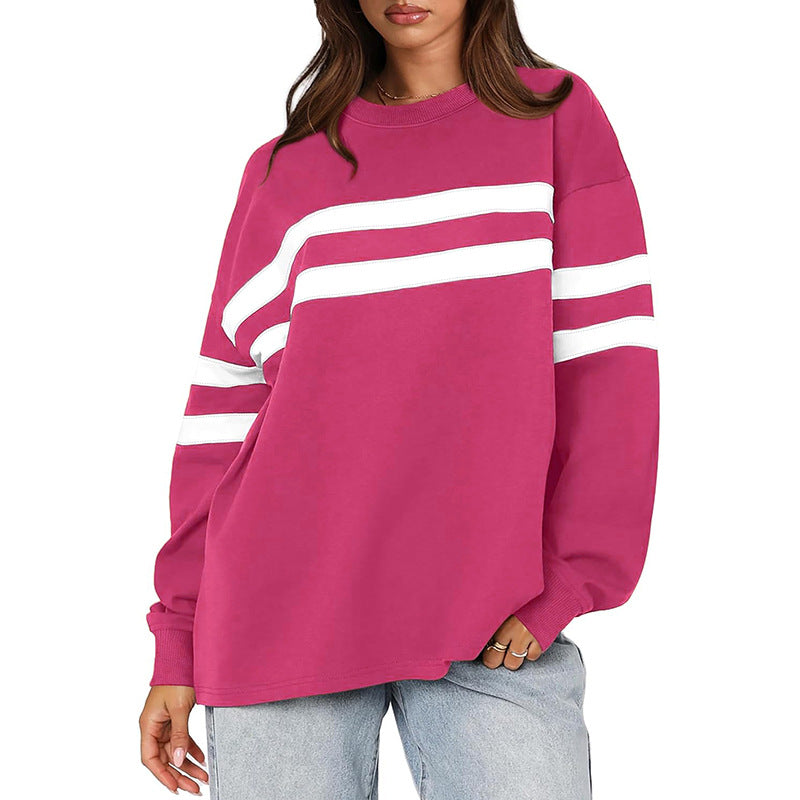 Women Clothing Autumn Winter Oversized Casual Patchwork Striped Pullover Sweatshirt