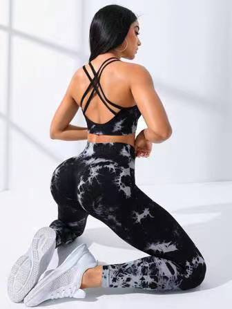 Costume de pantalon de soutien-gorge de sport de vêtements de Yoga de teinture par nouage sans couture européens et américains