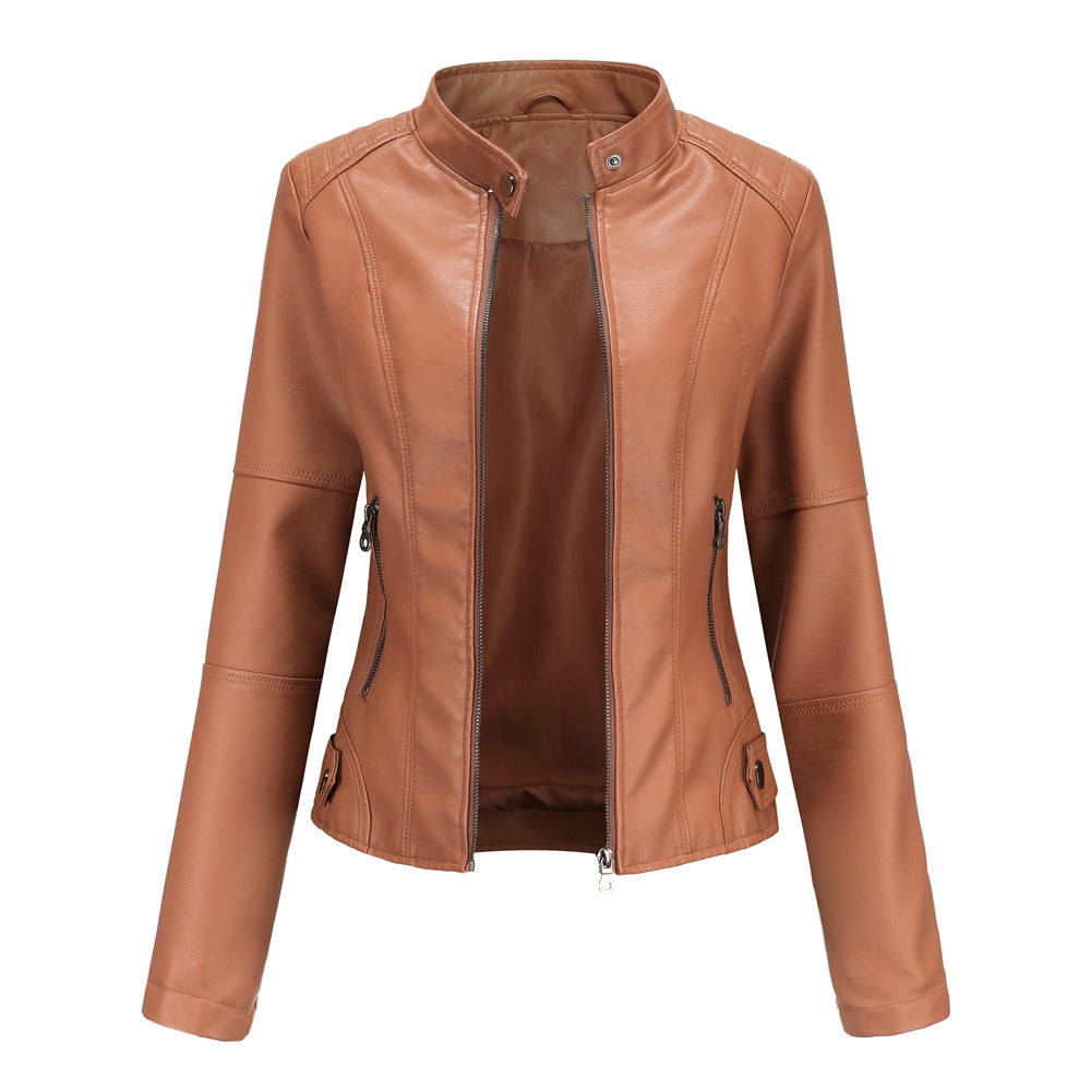 Chaqueta de cuero para mujer, chaqueta fina para mujer, abrigo fino para primavera y otoño, ropa de moto para mujer, chaqueta de cuero con cuello alto