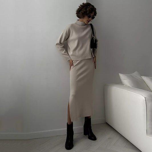 Autumn Winter Women Knitwear Turtleneck Soft Sweater Knitted Skirt Elegant Suit