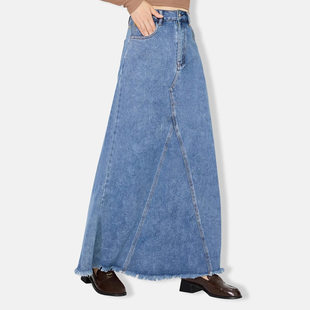 Jupe longue décontractée taille haute en denim rétro pour femme