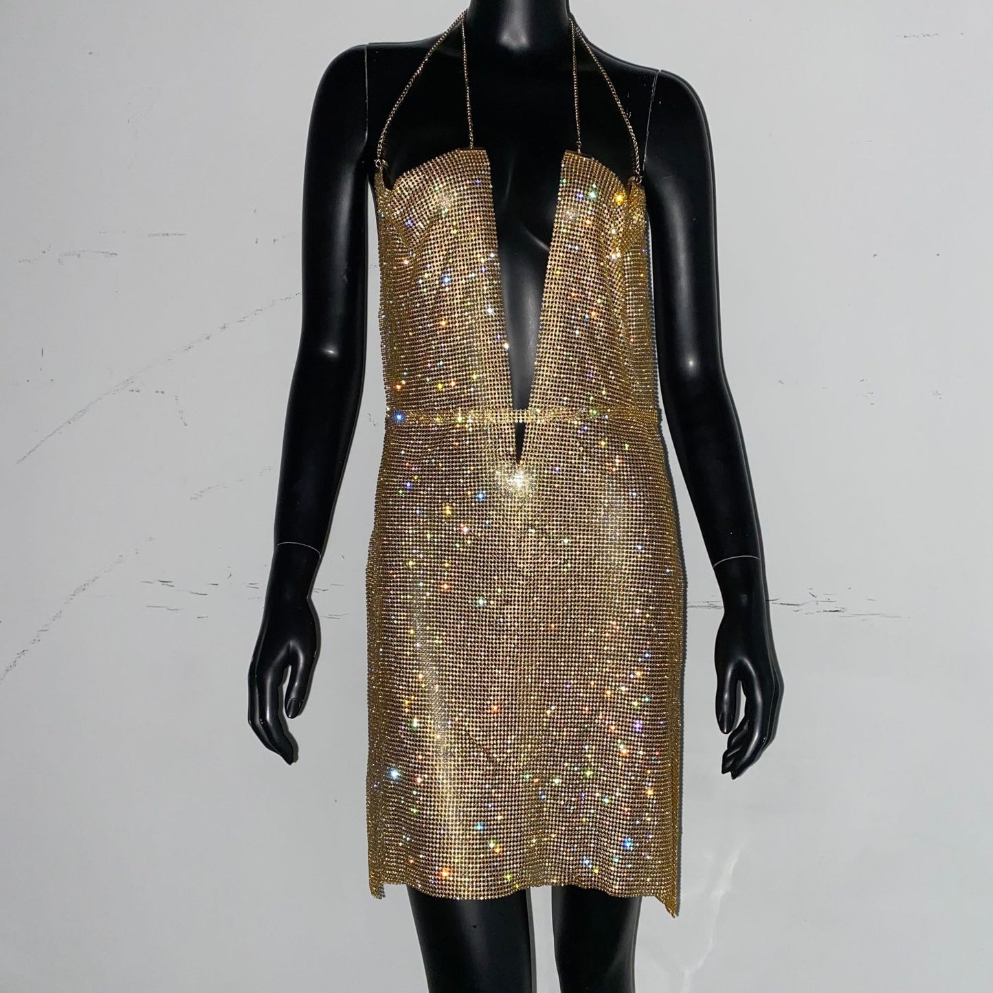 Ropa de mujer, vestido Popular de Metal con diamantes de imitación, vestido Sexy para fiesta y discoteca, vestido Halter para mujer