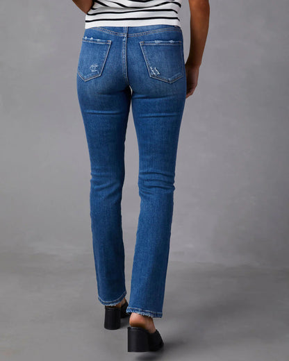 Worn Jeans Women Elastic High Waist Straight Washed Office Jeans