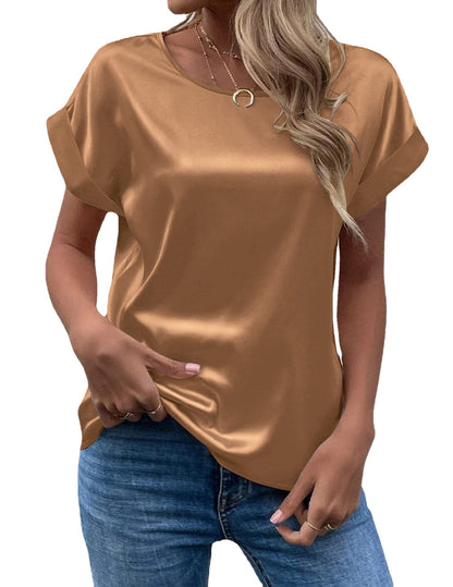 Camiseta recta de mujer con cuello redondo y jersey de satén elegante de oficina de suministro de verano