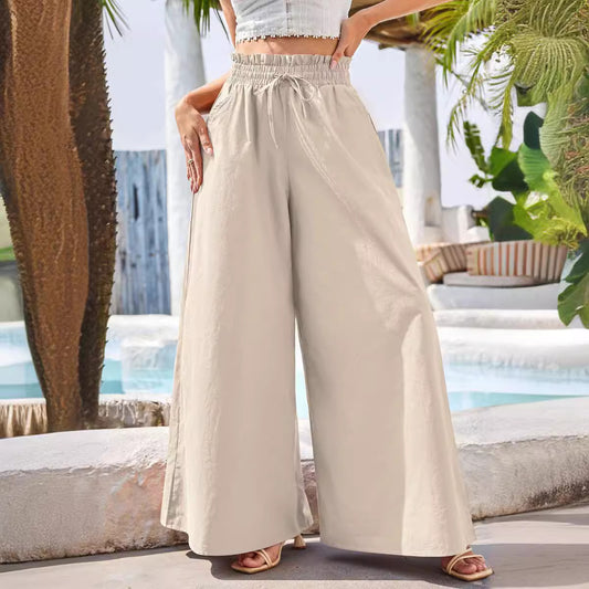 Pantalones anchos de lino y algodón con cintura alta y estilo bohemio para mujer de verano