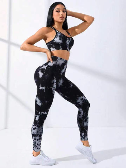 Costume de pantalon de soutien-gorge de sport de vêtements de Yoga de teinture par nouage sans couture européens et américains