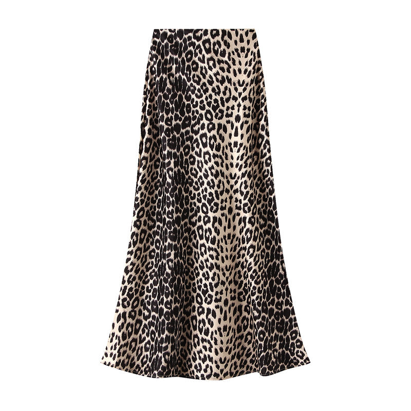 Falda de cola de pez para mujer, ropa de otoño, cintura alta, adelgazante, longitud media, falda envolvente de cadera, vestido con estampado de leopardo