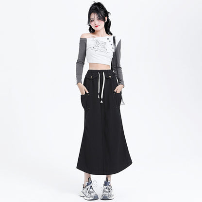 Brown Denim Cargo Pants Skirt Women Early Autumn High Waist Characteristic Pocket Slit Midi Skirt