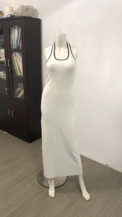 Casual Dehaired Angora Covering Yarn Halter Contrast Color round Neck Slimming Knitted Long Backless Split Dress Women