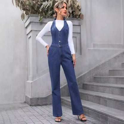 Women Wear Casual Slimming High Waist Straight Leg Denim Jumpsuit Trousers