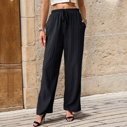 Pantalones casuales rectos plisados ​​de color sólido de verano para mujer