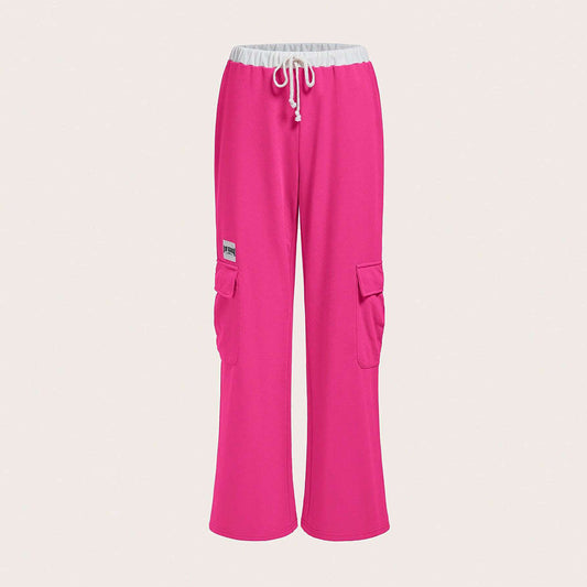 Ropa de trabajo de calle, pantalones informales para mujer, pantalones de pierna ancha holgados de pierna recta, pantalones con cordón con tapa roja rosa de nicho