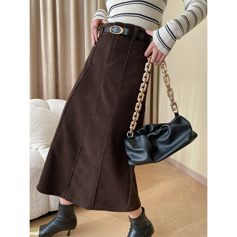 Belt Bud Shaped Waist Corduroy Straight A line Fleece lined Skirt