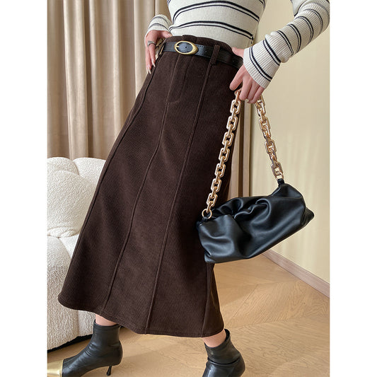 Belt Bud Shaped Waist Corduroy Straight A line Fleece lined Skirt