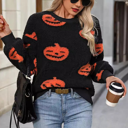 Suéter holgado de felpa con estampado de Halloween para mujer, otoño e invierno