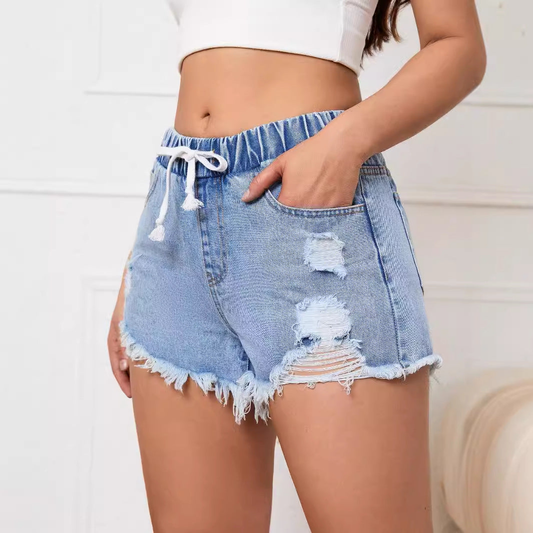 Women Clothing Elastic Waist Slimming Fashionable Denim Shorts