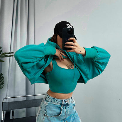 Women Wear Thick Drawstring Solid Color Hoodie with Drawstrings Sweater Long Sleeve Vest Two Piece Set