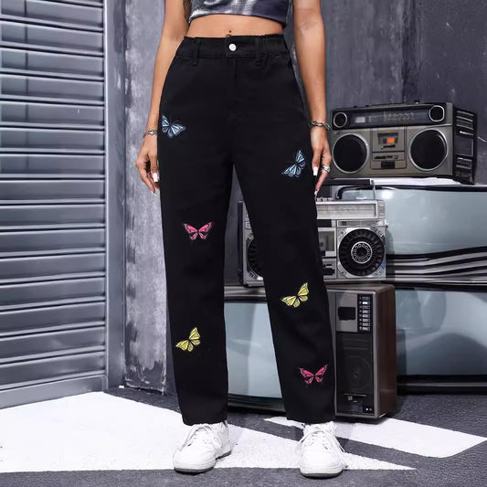 Pantalones vaqueros elásticos de pierna recta para mujer, con estampado de mariposas, informales, adelgazantes, color negro, para primavera y verano