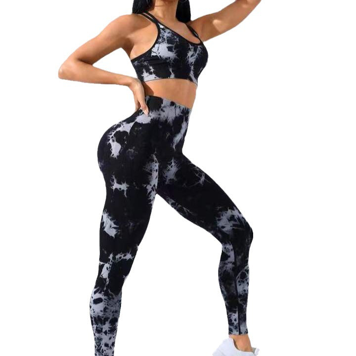 Costume de pantalon de soutien-gorge de sport de vêtements de Yoga de teinture par nouage sans couture européens et américains