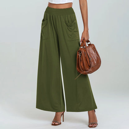 Women Clothing Elastic Waist High Waist Slightly Spicy Pants Loose Casual Trousers with Pockets