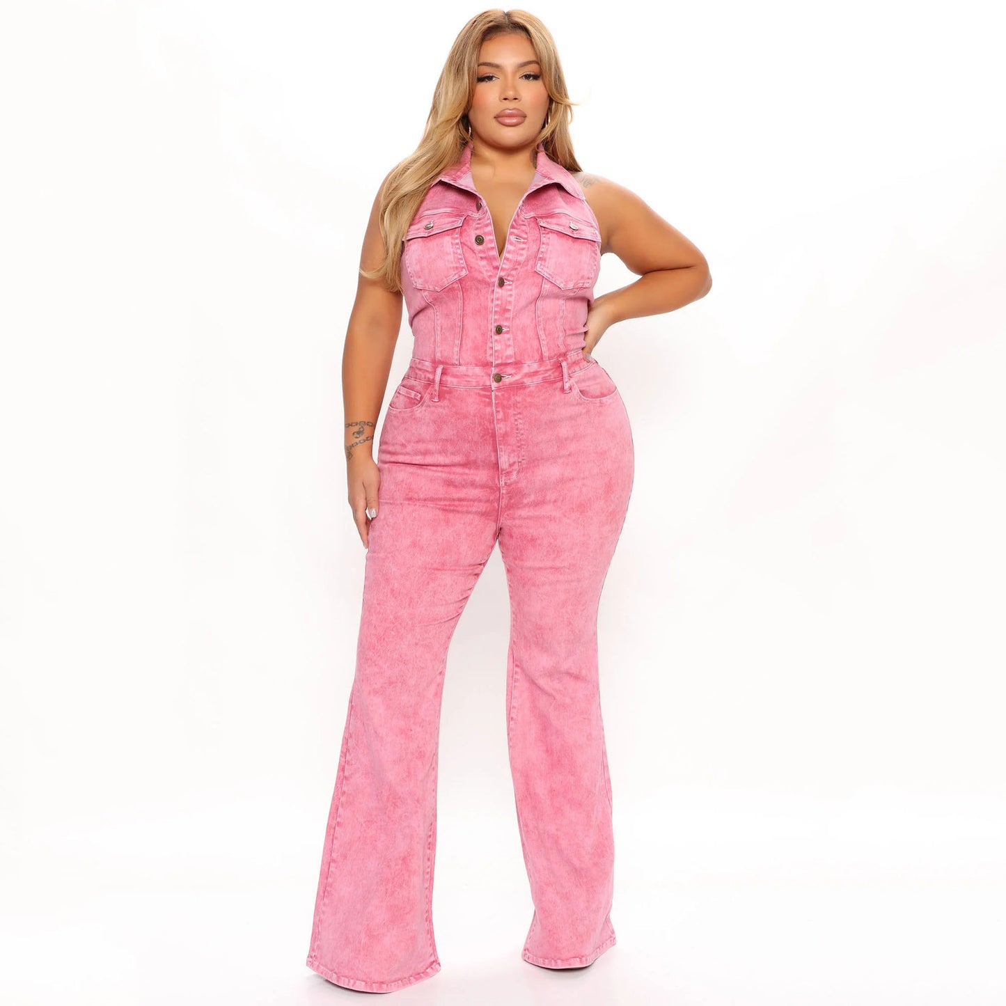 Ropa de mujer Denim High Elastic Sexy Backless Collared Workwear con bolsillo Pantalones Mono