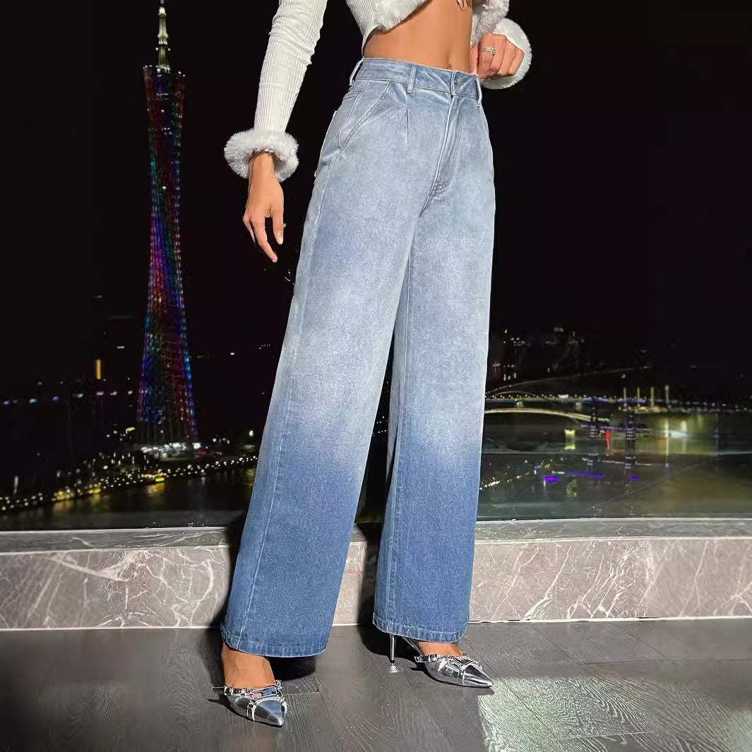 Women Clothing Straight Loose High Waist Denim Trousers