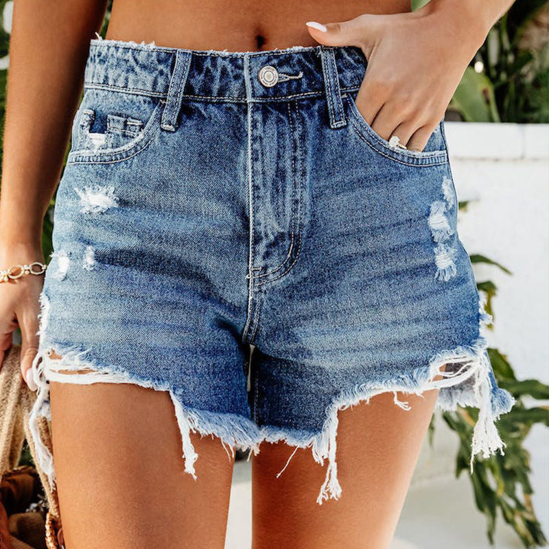 Short en denim confortable déchiré à pompons effilochés à la main pour femmes