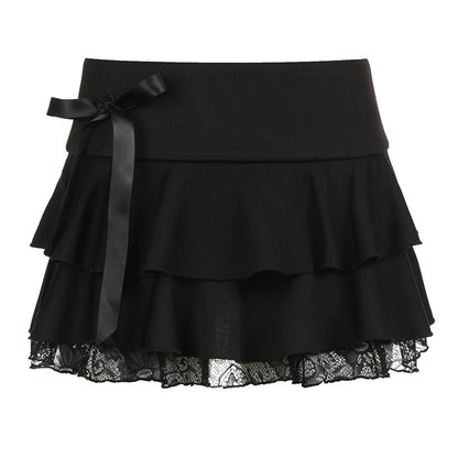 Dark Bow Element Lace Stitching Skirt Sexy Low Waist Slimming Sexy Skirt Pettiskirt