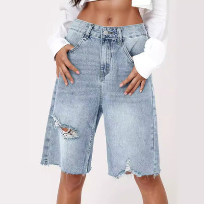 Jean taille haute rétro usé pour femmes, pantalon court d'été en détresse, ample, ourlet brut