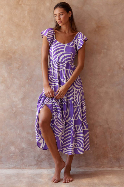 Vestido con dobladillo grande controlado en la cintura y manga con volantes estampado violeta de verano para mujer