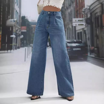 Pantalones vaqueros rectos de pierna ancha y cintura alta que favorecen la figura de moda para mujer