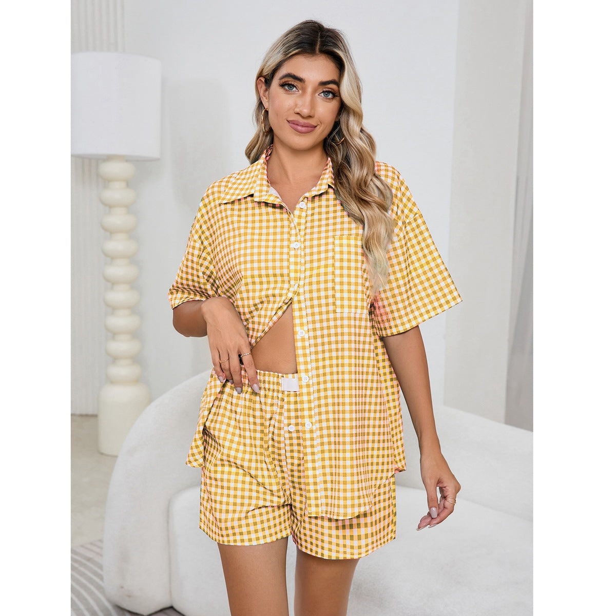 Camisa a cuadros para mujer, informal, cómoda, de cintura alta, holgada, con piernas anchas, estilo retro