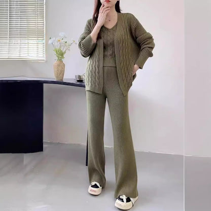 Autumn Winter Idle Knitting Suit Women Loose Cardigan Sling Bottoming Shirt Lengthened Wide Leg Pants Three Piece Set