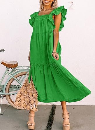 Women Clothing Flying Sleeve Square Collar Off Shoulder Pleated Hem Dress