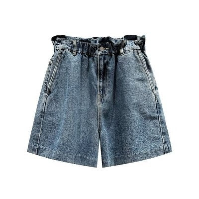 Women Bud Shaped Waist Wide Leg Straight Denim Shorts