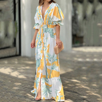 Women Clothing V neck Puff Sleeve Waist Trimming Printing Maxi Dress