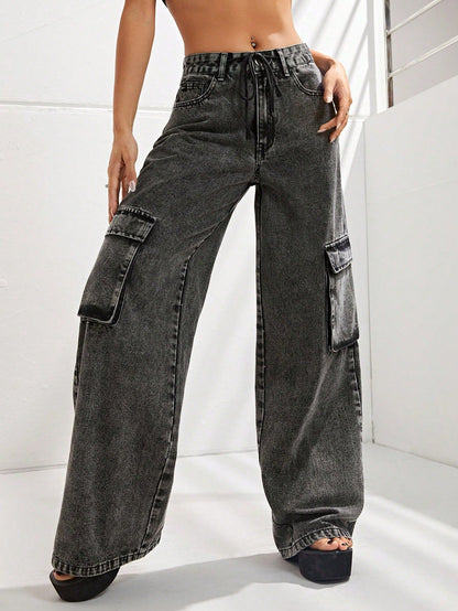 Women Clothing High Waist Large Pocket Slimming Loose Cargo Denim Trousers