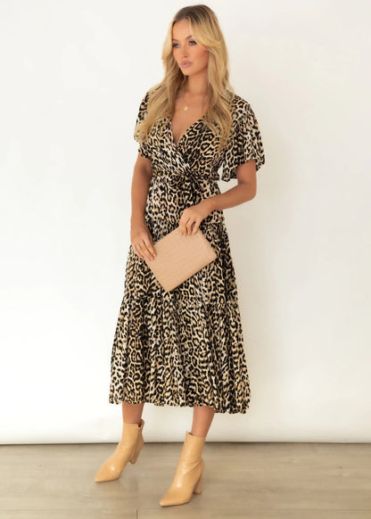 Exclusive for Leopard Print V neck Short Sleeve Belt Pleated Dress for Women