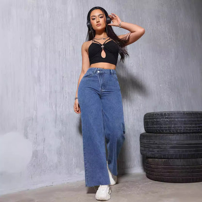 Women Clothing Retro Blue Worn Jeans Women Summer Straight Loose Thin High Waist Drooping Casual Denim Trousers