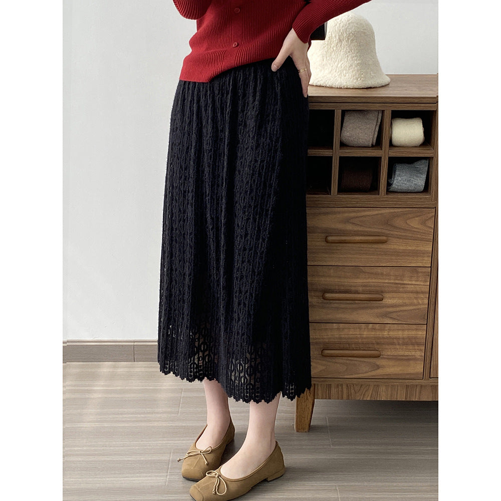 Double High Waist Lace Knitted Skirt for Women Autumn Winter Mid Length Straight Hip Skirt