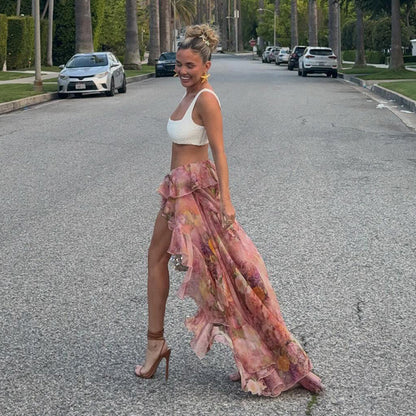 Vestido de vacaciones Falda con volantes y fregona asimétrica irregular de doble capa con estampado floral de verano